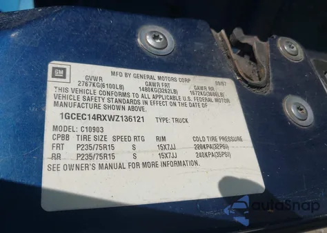 1998 Chevrolet C1500 Fleetside из США, поврежденный, VIN 1GCEC14RXWZ136121